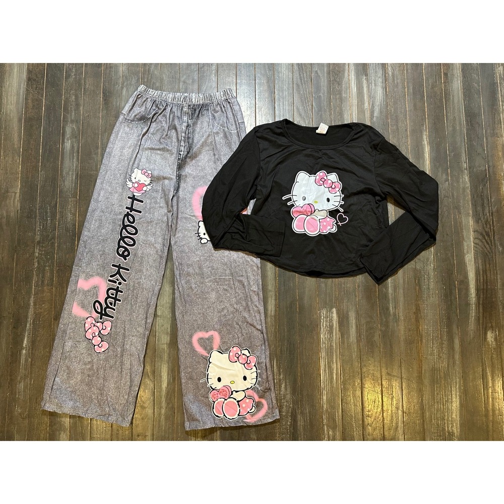 Hello Kitty Girls 2‎ Piece Pajama Set Black Long Sleeve Top Acid Wash Pants Kids